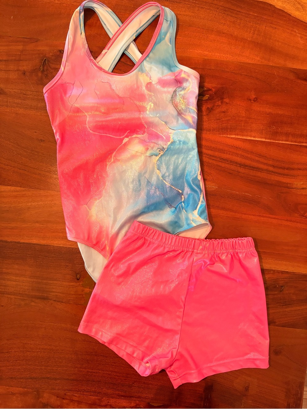 Girls Pink & Blue Marble Gymnastics Leotard with Pink Shorts